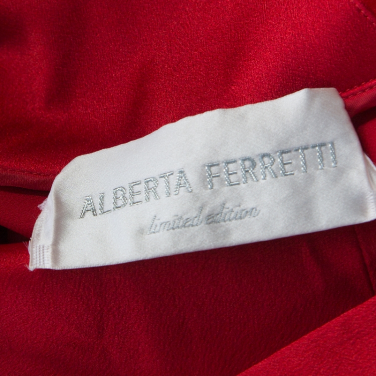 Pre Owned Alberta Ferretti Red Silk Bow Tie Detail Draped Evening Gown M