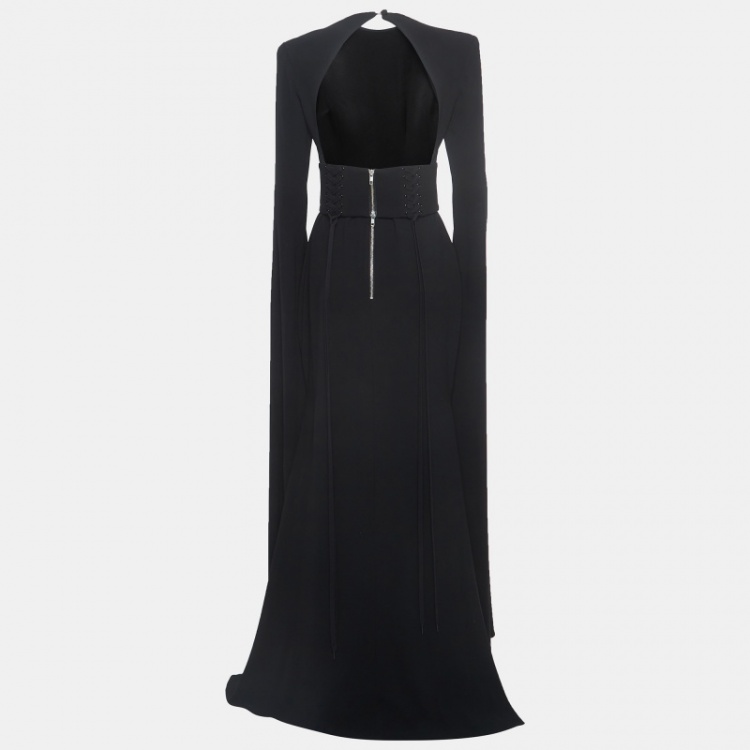 Pre Owned Alex Perry Black Stretch Crepe Lace Up Belted Long Dress L