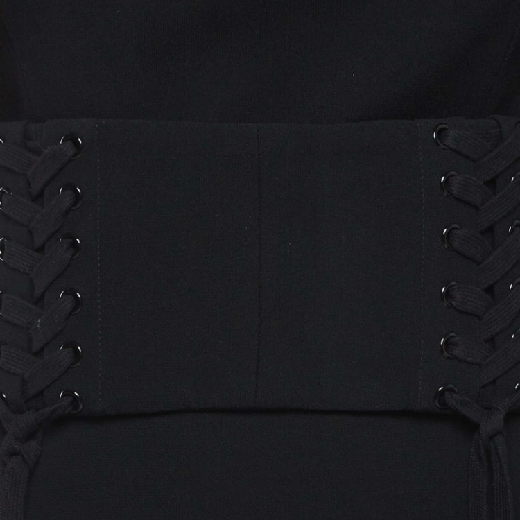 Pre Owned Alex Perry Black Stretch Crepe Lace Up Belted Long Dress L