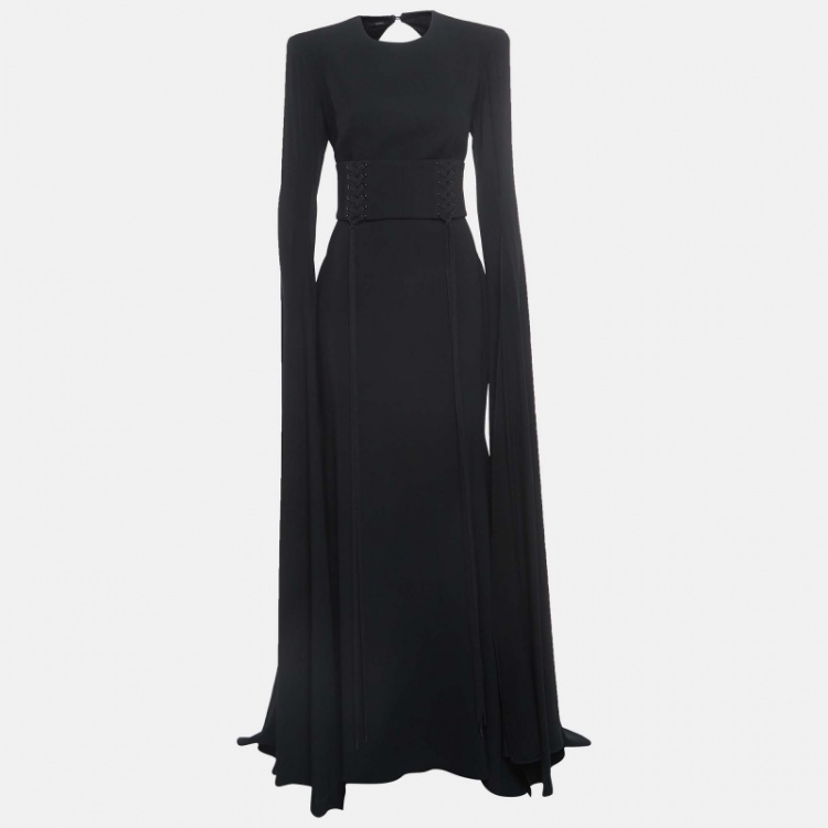 Pre Owned Alex Perry Black Stretch Crepe Lace Up Belted Long Dress L