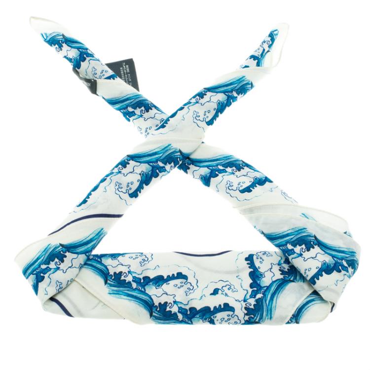 Pre Owned Alexander McQueen White Blue Hawks And Waves Print Cotton Square Scarf