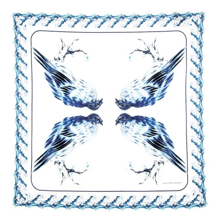 Pre Owned Alexander McQueen White Blue Hawks And Waves Print Cotton Square Scarf