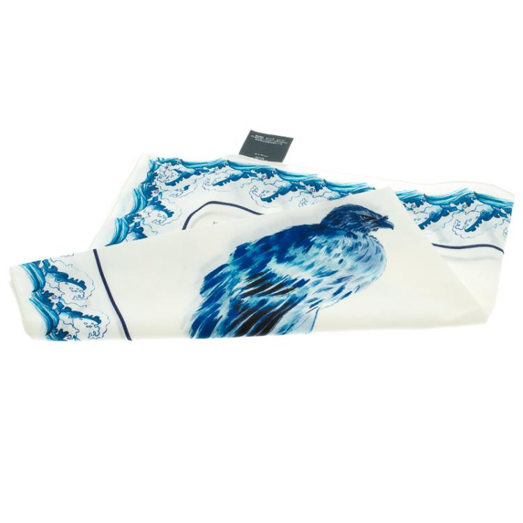 Pre Owned Alexander McQueen White Blue Hawks And Waves Print Cotton Square Scarf