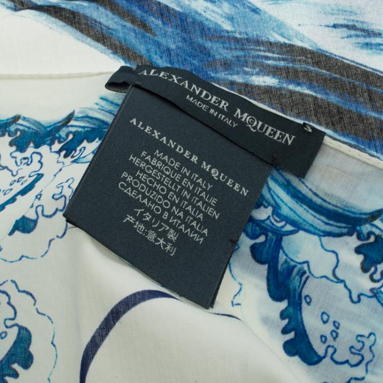 Pre Owned Alexander McQueen White Blue Hawks And Waves Print Cotton Square Scarf