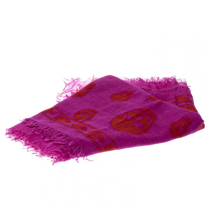 Pre Owned Alexander McQueen Pink Skull Print Fringed Edge Scarf