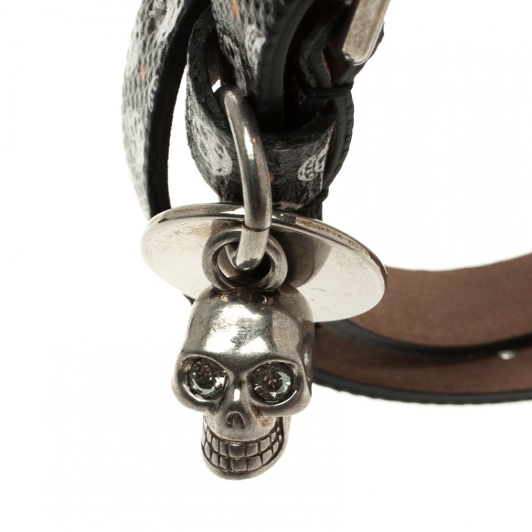 Pre Owned Alexander McQueen Black Skull Printed Leather Double Wrap Skull Charm Bracelet 