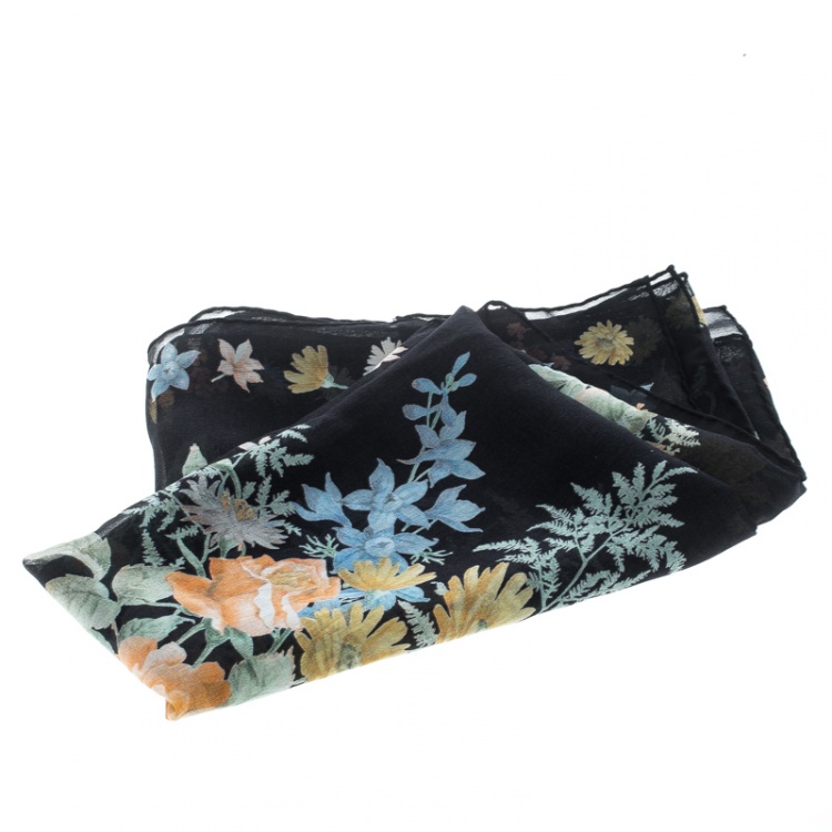Pre Owned Alexander McQueen Black Island Bouquet Print Silk Scarf
