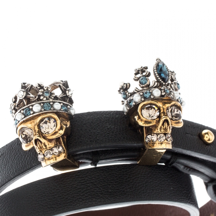 Pre Owned Alexander McQueen King Queen Skull Embellished Black Leather Double Wrap Bracelet