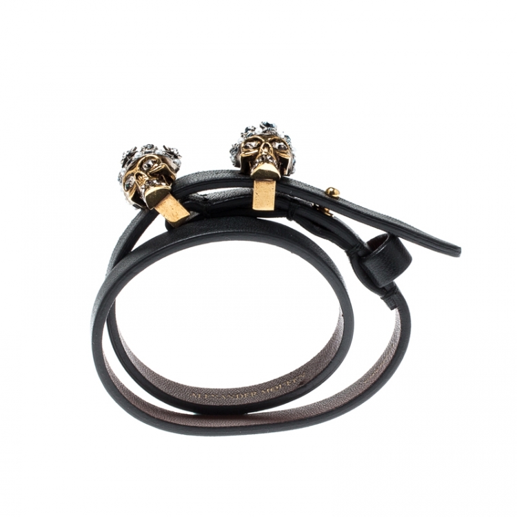Pre Owned Alexander McQueen King Queen Skull Embellished Black Leather Double Wrap Bracelet