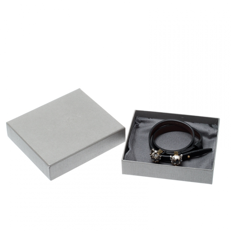 Pre Owned Alexander McQueen King Queen Skull Embellished Black Leather Double Wrap Bracelet