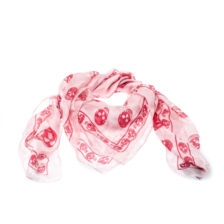 Pre Owned Alexander McQueen Pink Skull Print Chiffon Silk Scarf