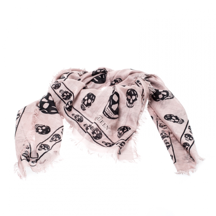 Pre Owned Alexander McQueen Dusty Rose Skull Print Fringed Edge Scarf