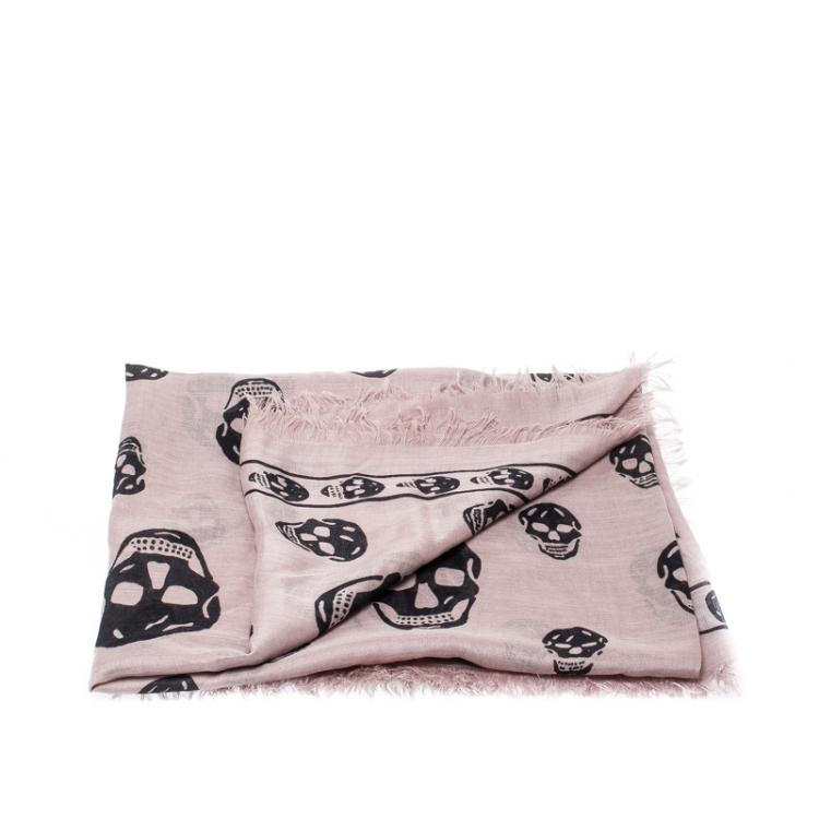 Pre Owned Alexander McQueen Dusty Rose Skull Print Fringed Edge Scarf
