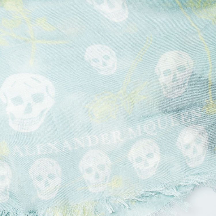 Pre Owned Alexander McQueen Mint Blue Skull and Roses Print Fringed Edge Scarf
