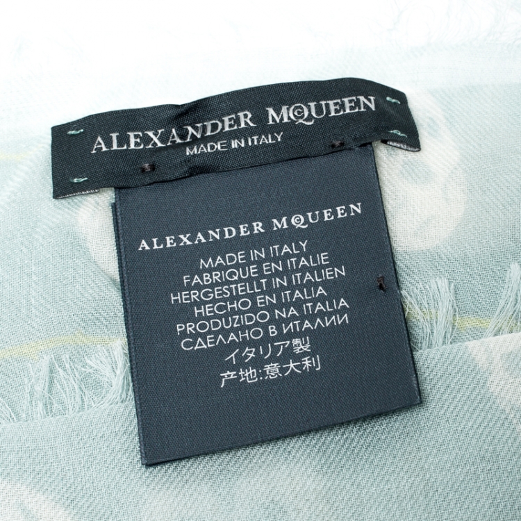 Pre Owned Alexander McQueen Mint Blue Skull and Roses Print Fringed Edge Scarf