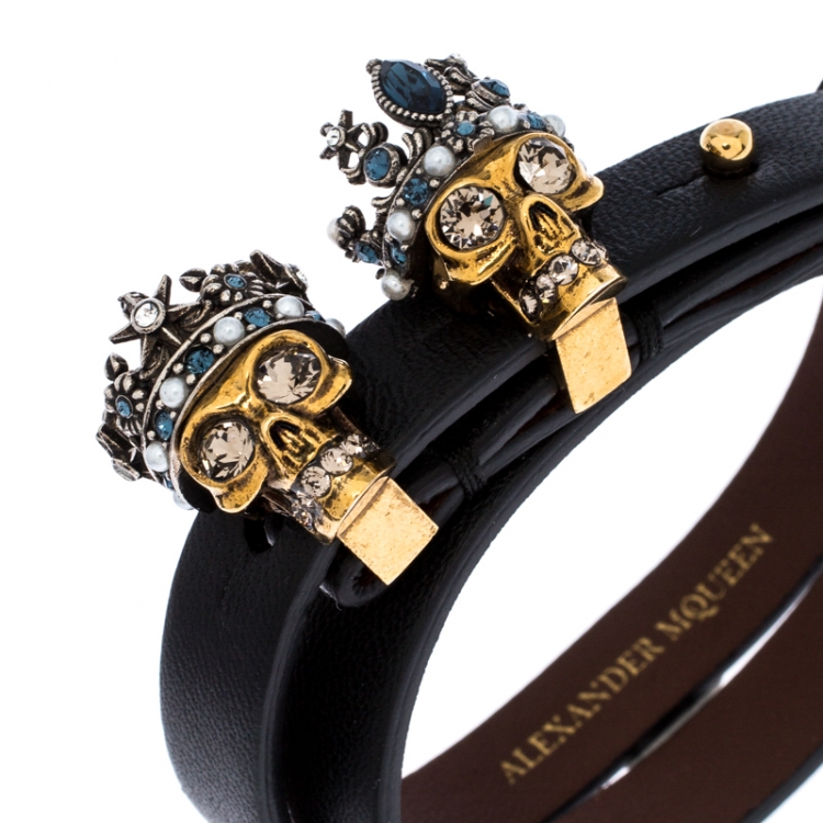 Pre Owned Alexander McQueen King Queen Skull Embellished Black Leather Double Wrap Bracelet