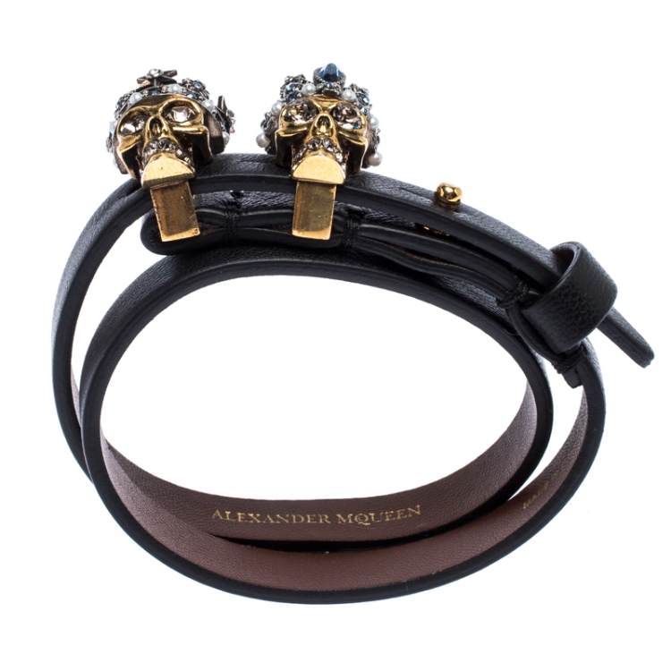 Pre Owned Alexander McQueen King Queen Skull Embellished Black Leather Double Wrap Bracelet