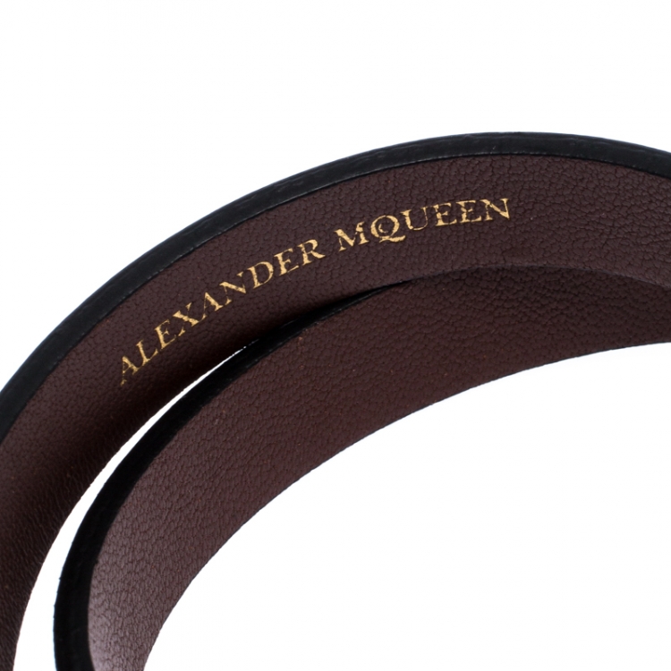 Pre Owned Alexander McQueen King Queen Skull Embellished Black Leather Double Wrap Bracelet
