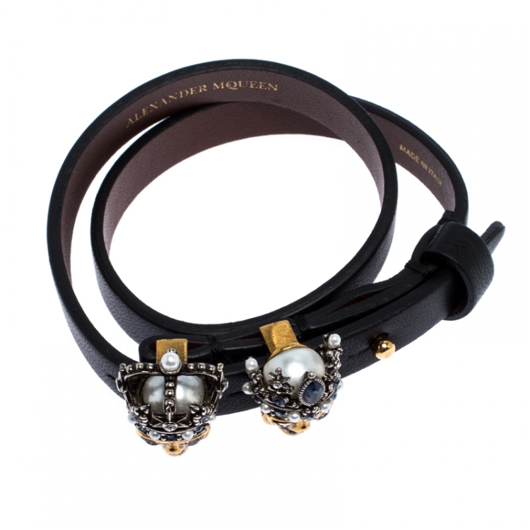 Pre Owned Alexander McQueen King Queen Skull Embellished Black Leather Double Wrap Bracelet