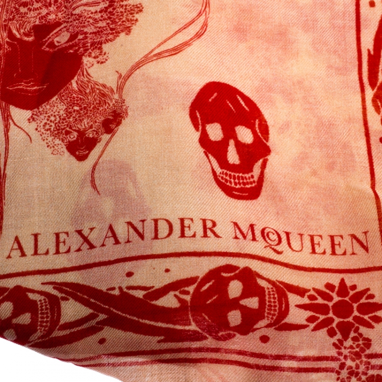 Pre Owned Alexander McQueen Pale Pink Eve and Skull Print Fringed Scarf