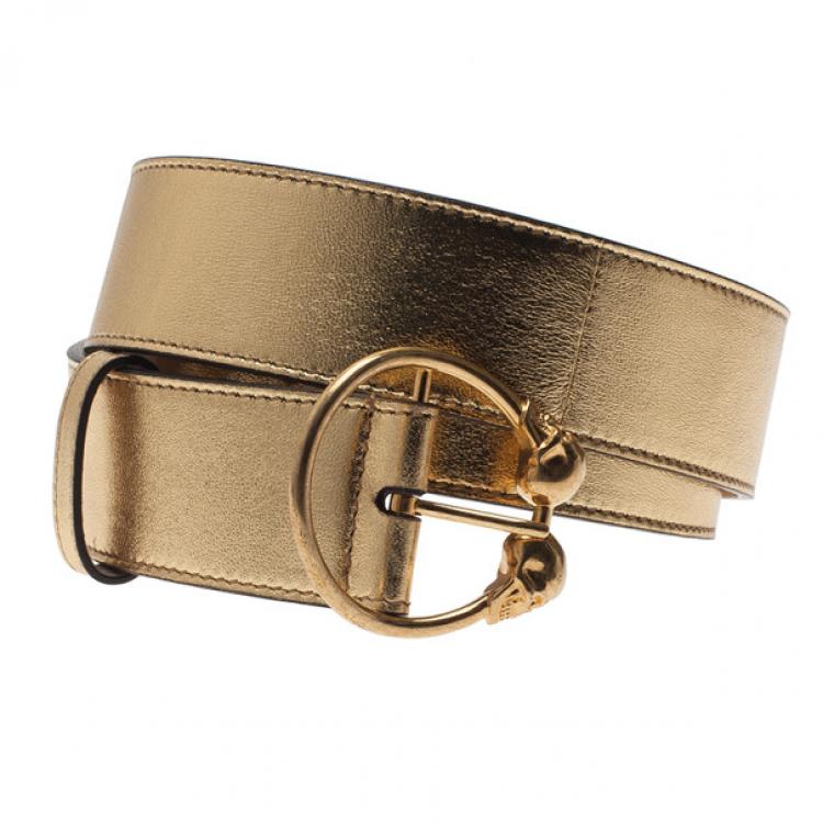 Pre Owned Alexander McQueen Gold Leather Round Twin Skull Buckle Belt 85CM