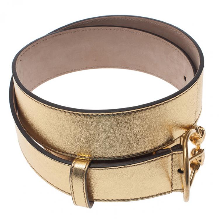 Pre Owned Alexander McQueen Gold Leather Round Twin Skull Buckle Belt 85CM