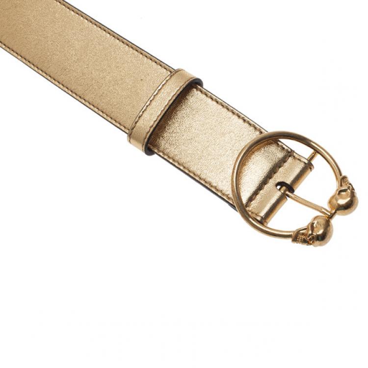Pre Owned Alexander McQueen Gold Leather Round Twin Skull Buckle Belt 85CM