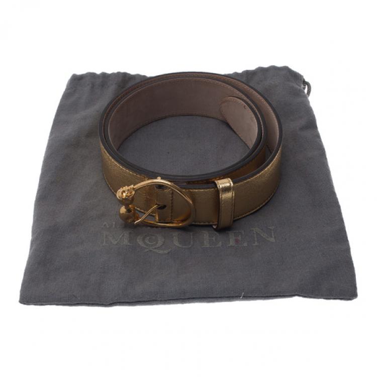 Pre Owned Alexander McQueen Gold Leather Round Twin Skull Buckle Belt 85CM