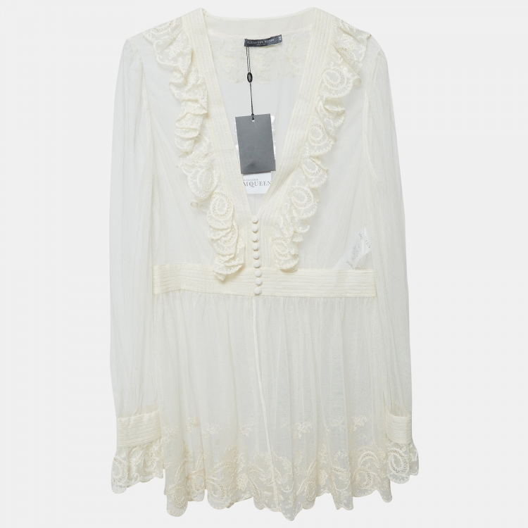 Pre Owned Alexander McQueen Off White Embroidered Tulle Sheer Tunic L