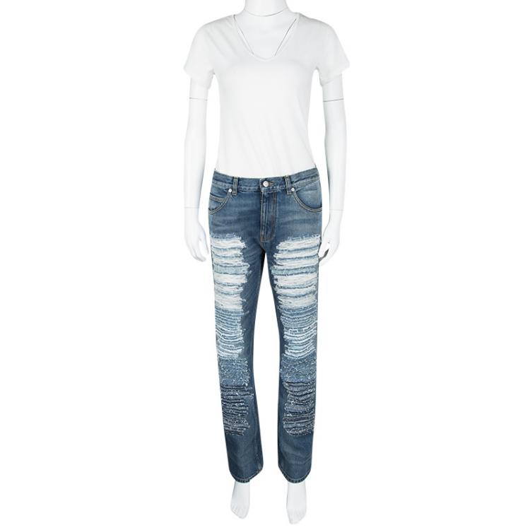 Pre Owned Alexander McQueen SS'16 Blue Ripped Effect Straight Fit Denim Jeans S