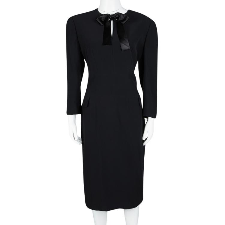 Pre Owned Alexander McQueen Black Satin Bow Detail Long Sleeve Leaf Crepe Dress L