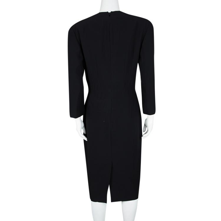 Pre Owned Alexander McQueen Black Satin Bow Detail Long Sleeve Leaf Crepe Dress L