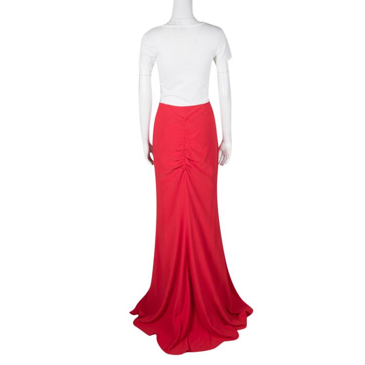 Pre Owned Alexander McQueen Red Ruched High Waist Maxi Skirt M