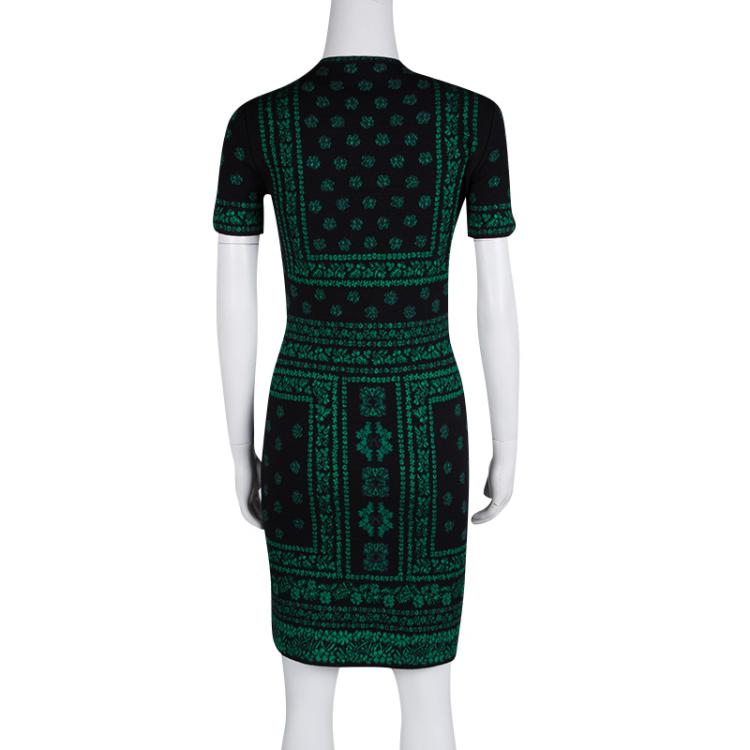Pre Owned Alexander McQueen Black and Green Floral Pattern Jacquard Knit Pencil Dress M