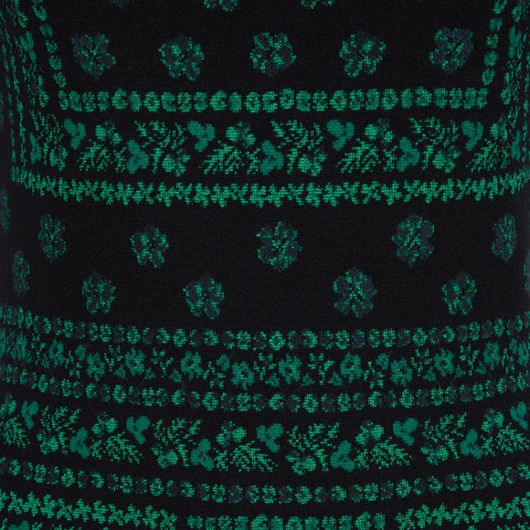 Pre Owned Alexander McQueen Black and Green Floral Pattern Jacquard Knit Pencil Dress M