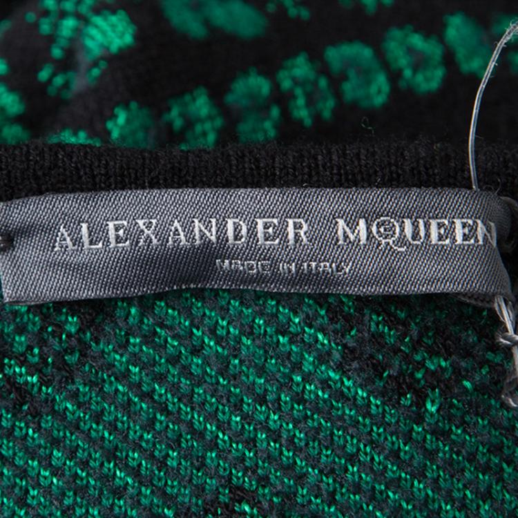 Pre Owned Alexander McQueen Black and Green Floral Pattern Jacquard Knit Pencil Dress M