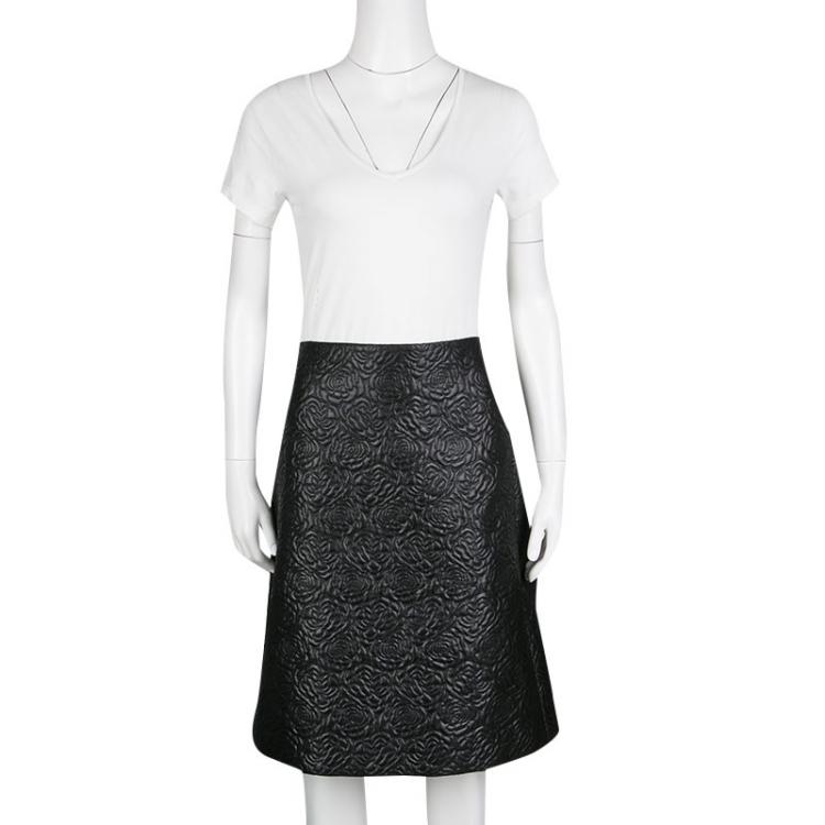 Pre Owned Alexander McQueen Black Embossed Rose Pattern Jacquard Half Pleated Skirt M