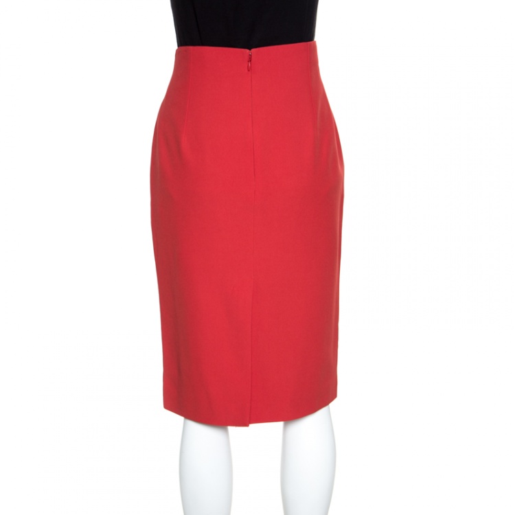 Pre Owned Alexander McQueen Red Leaf Crepe Pencil Midi Skirt M