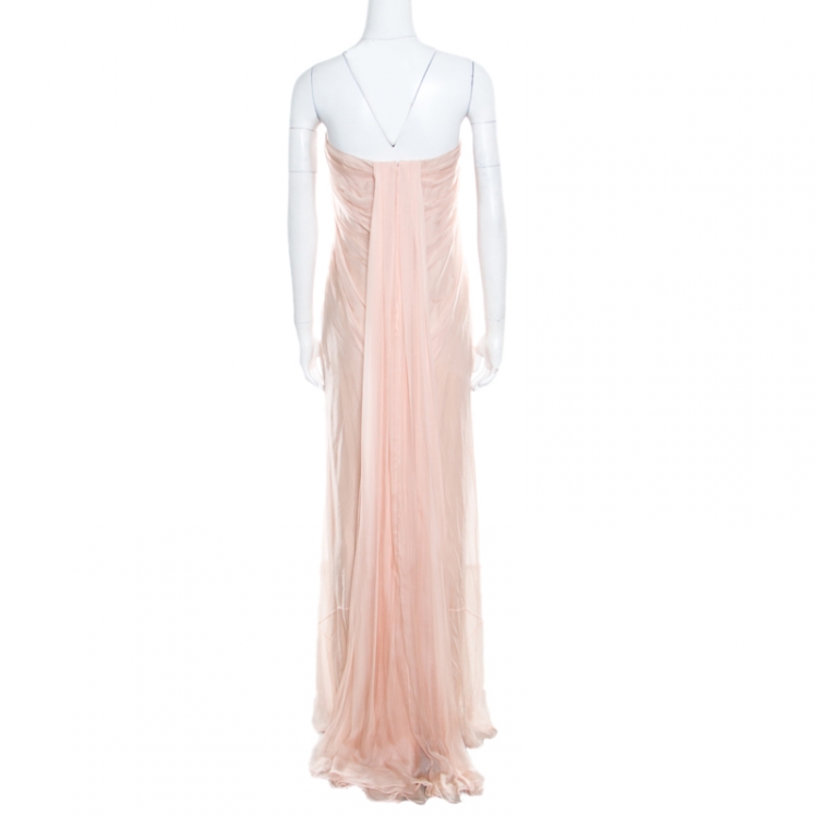 Pre Owned Alexander McQueen Blush Pink Silk Chiffon Draped Strapless Maxi Dress L