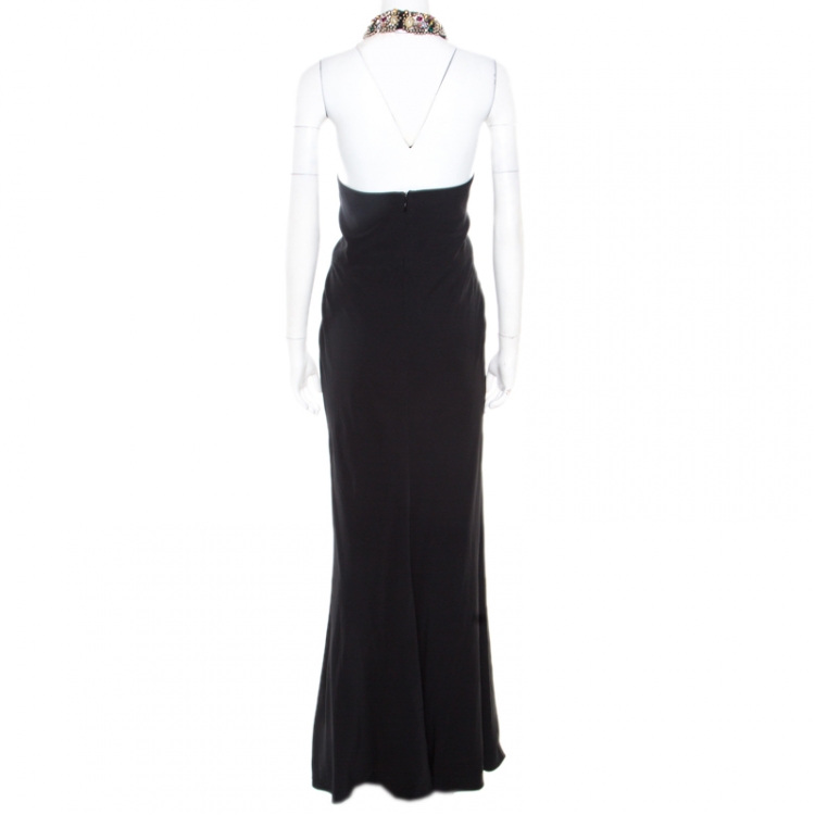 Pre Owned Alexander McQueen Black Embellished Collar Halter Evening Gown L