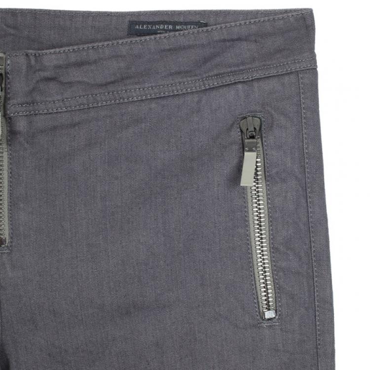 Pre Owned Alexander McQueen Grey Denim Zip Biker Jeans L