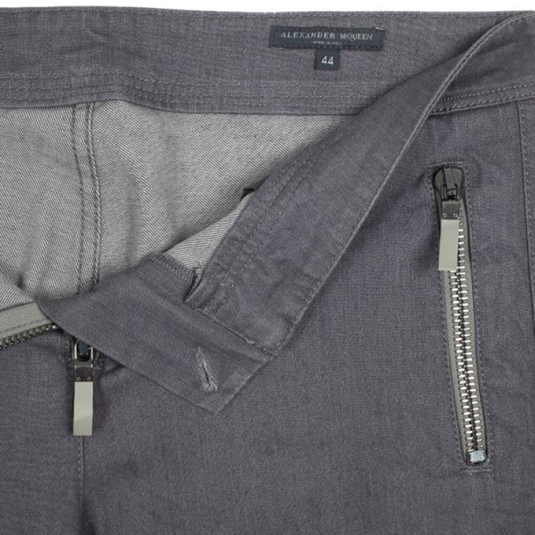 Pre Owned Alexander McQueen Grey Denim Zip Biker Jeans L