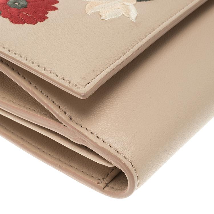 Pre Owned Alexander McQueen Blush Pink Leather Floral Embroidered Insignia Continental Wallet