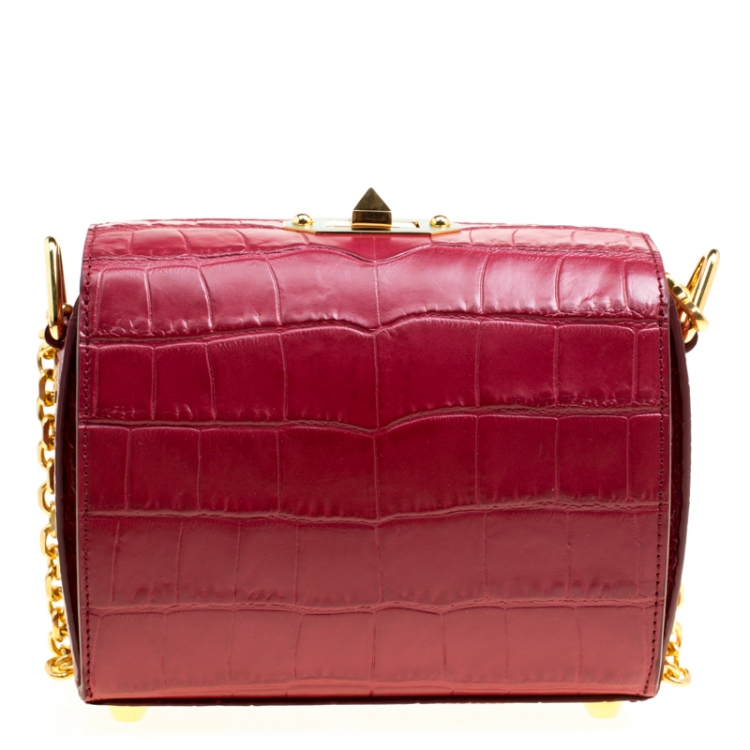 Pre Owned Alexander McQueen Red Croc Embossed Leather Box Shoulder Bag 
