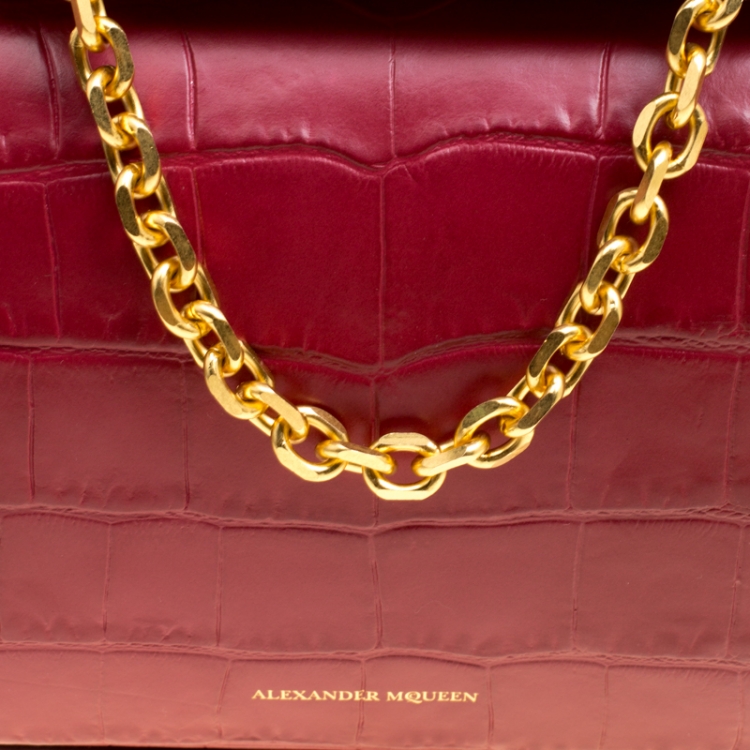 Pre Owned Alexander McQueen Red Croc Embossed Leather Box Shoulder Bag 