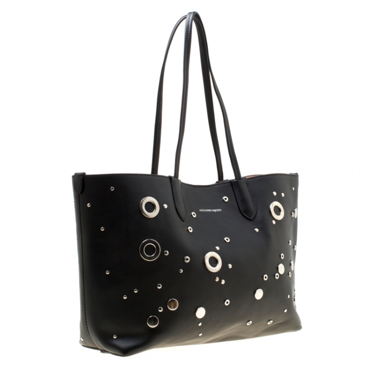 Pre Owned Alexander McQueen Black Leather Small Grommet Shopper Tote 