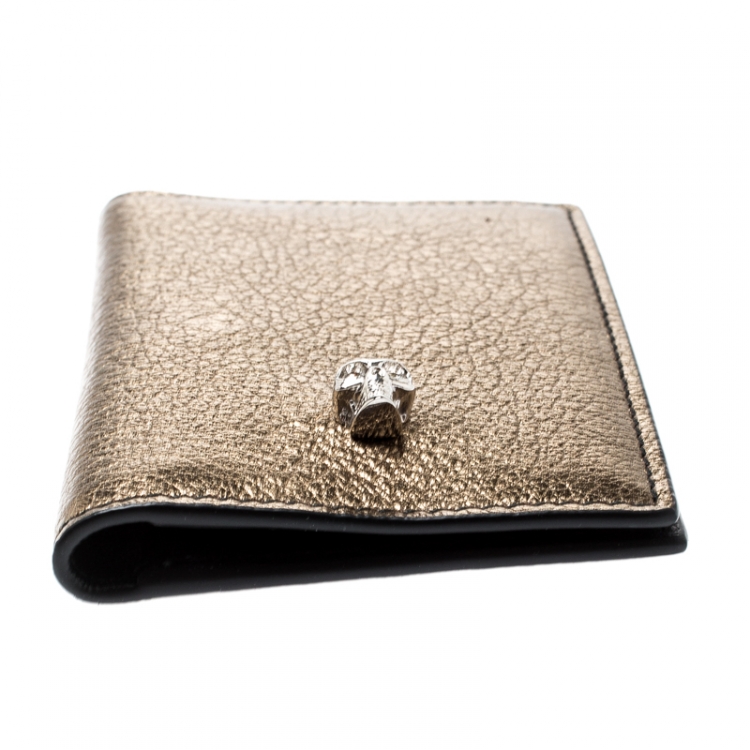 Pre Owned Alexander McQueen Metallic Gold Leather Skull Bifold Card Holder 