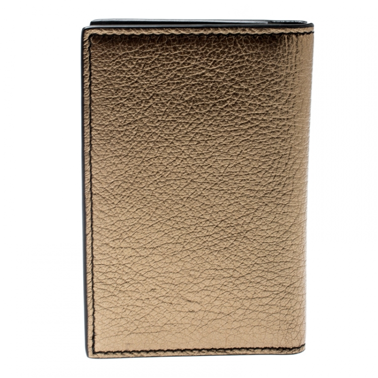 Pre Owned Alexander McQueen Metallic Gold Leather Skull Bifold Card Holder 