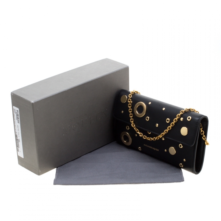 Pre Owned Alexander McQueen Black Leather Eyelet and Stud Wallet On Chain