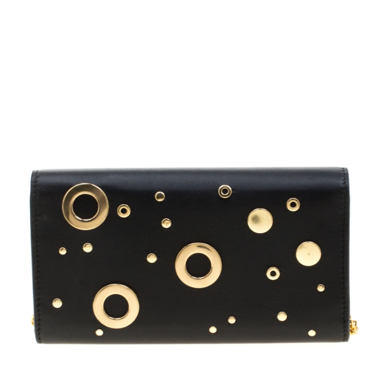 Pre Owned Alexander McQueen Black Leather Eyelet and Stud Wallet On Chain